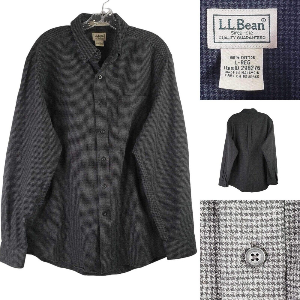 LL Bean Mens Button Down Flannel Shirt Gray Black Houndstooth Large LS M Lodge